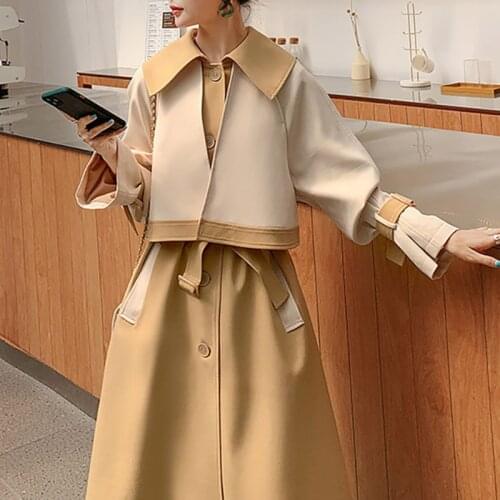 Temperament Trench Coat Womens 2021 Spring Autumn New Korean Mid-Length Fashion Contrast Stitching Loose Retro Windbreaker Coats