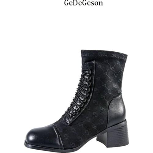 High heel Pumps Women Genuine Cowhide Front Lace-up Korea Vintage Style Fashion Ladies Wearing