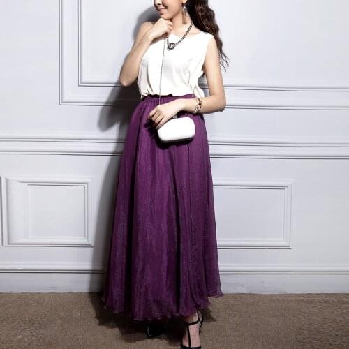 2021 Long Skirt for Women Skirts Chiffon Flowy Elegant French Style Female High Waist Summer Boho Holiday Solid Color Maxi Skirt
