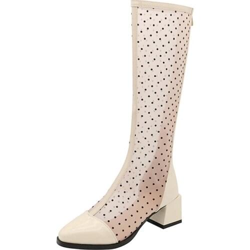 ZJVI Knee High Boots 2021 Women Patent PU Mesh Black Womens 6cm square Heels Pointed Toe Shoes Ladies Sandals Summer Girls Boot