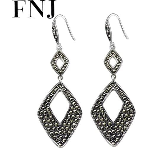 FNJ Rhombus Earrings 925 Silver New Fashion MARCASITE Original S925 Sterling Silver Drop Earring for Women Jewelry