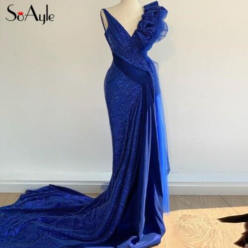 SoAyle Arabian Sequin Evening Dresses Deep V Neck Mermaid Evening Dress Long Ruffle Arabic Dubai Party Dresses