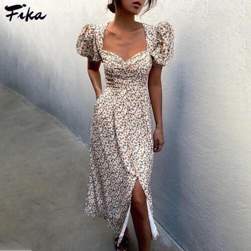 2021 Women Floral Print Summer Puff Short Sleeve Midi Long Dress Vintage V Neck White Style Sundress Sexy Slit Party Dresses