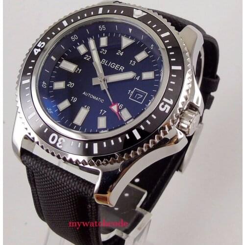 44mm bliger black dial luminous date window leather strap Automatic mens Watch