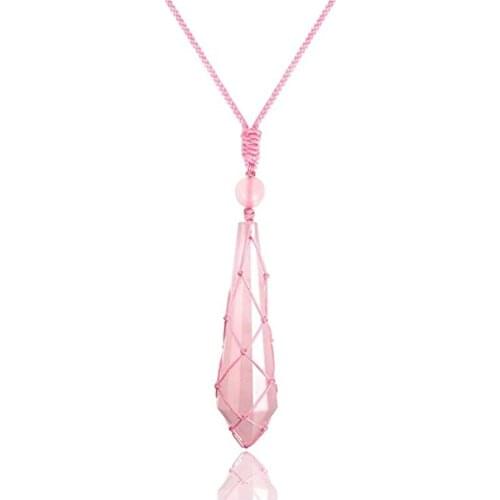 FYJS Unique Handmade Weave Hexagon Prism Rose Pink Quartz Pendant Black Agates Necklace Ethnic Style Jewelry