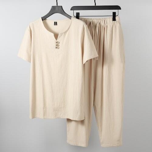 Mens Set Large Size Tracksuit Summer Clothing Linen Soild t-Shirt Trousers Fashion Male Set Chinese Style M-9XL Two Piece