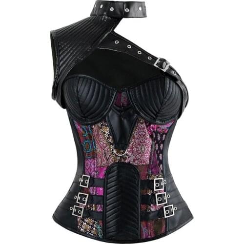 Steampunk Corset Top Women Overbust Bustiers PU Leather Halloween Bodice Gothic Clothing Gorset Purple Black