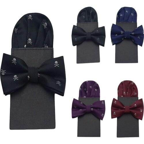 Men Stylish Skull Print Bowtie Pocket Square Set Bow Tie Pre-folded Party Hanky BWTQN0311