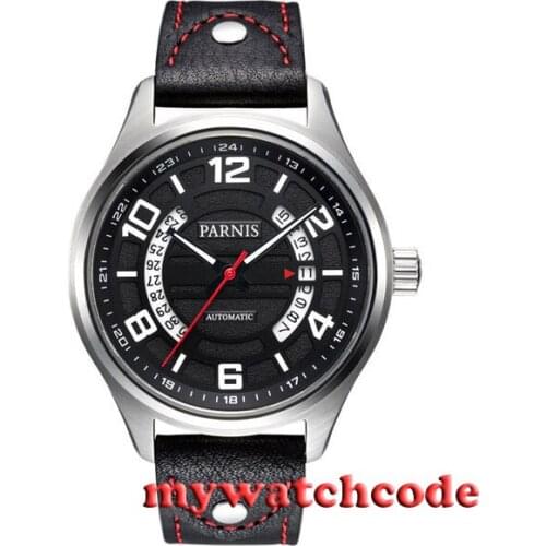 Parnis black dial Genuine leather Sapphire Glass miyota Automatic mens Watch 376