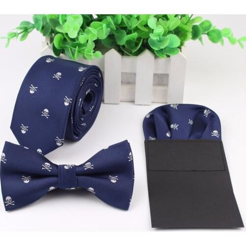 Halloween Neck Tie Sets For Men Slim Necktie Strip Handkerchief Bowtie Set Papillon Skull Horrific Cravat Butterfly Corbatas