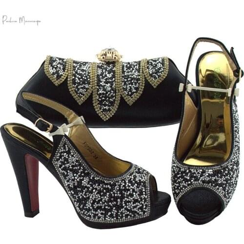 Black Shoes and Bags Set African Sets Italian Shoes and Matching Bags African Women Rhinestone Wedding Shoes