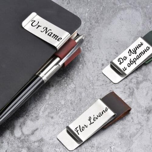 Customize Engrave with Your Name Metal Leather Pen Holder Brass Stainless Steel Pencil Clip Dairy Notebook Pen Holder