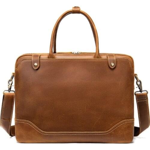 Crazy horse leather mens briefcase retro business handbag business bag travel commuter bag leather computer bag Zipper & Hasp