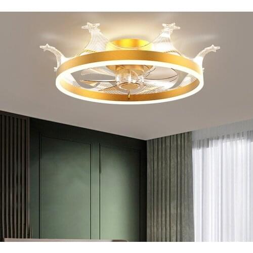 Childrens bedroom ceiling-mounted LED invisible fan ceiling bedroom creative crown simple study golden fan lamp