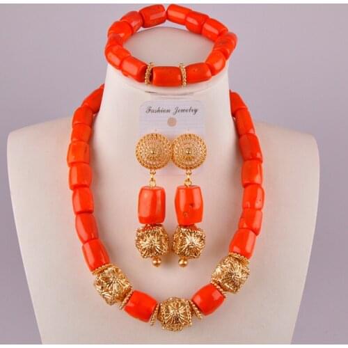 Lovely orange nigerian coral set african wedding beads jewelry set C21-38-04