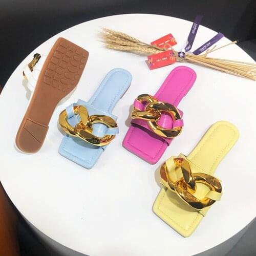 SUOJIALUN 2021Brand Gold Metal Buckle Women Slipper Square Toe Flat Casual Slide Summer Beach Sandal Flip Flop Plus Size 36-42