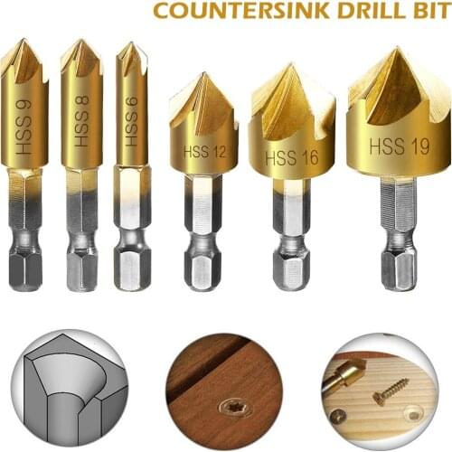 6Pcs HSS Countersink Chamfer Drill Bit Hexagonal Shank Titanium Coated 5 Flutes 1/4" Coated Woodworking Core Dril Bit Hole Saw