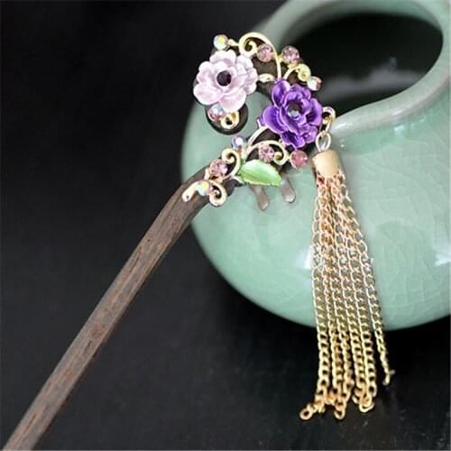 Unique Design Fashion Women Metal Tassel Vivid Enamel Rose Flowers Hairpin Handmade Wood Hair Sticks Vintage Hair Jewelry Gifts
