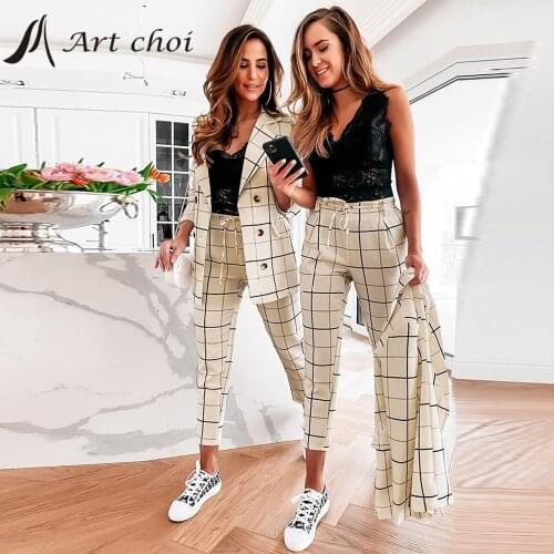 Spring Autumn Women Suit Ladies Casual Two Piece Sets Plaid Leisure Suits Blazer Long Pants Trousers Female Work Office Suits