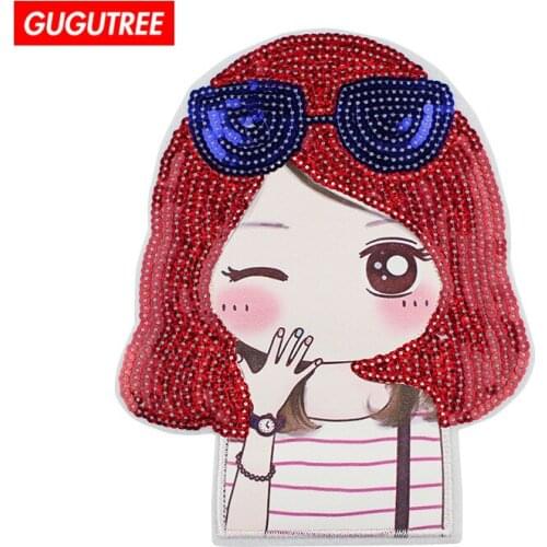 GUGUTREE embroidery paillette big patches girl patches animal patches badges patches for jackets