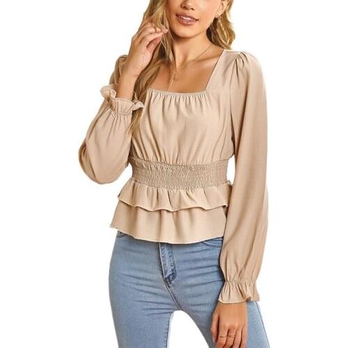 Blouse For Women Autumn Ruched Waist Puff Sleeve Elegant Square Neck Ladies Ruffle Tops