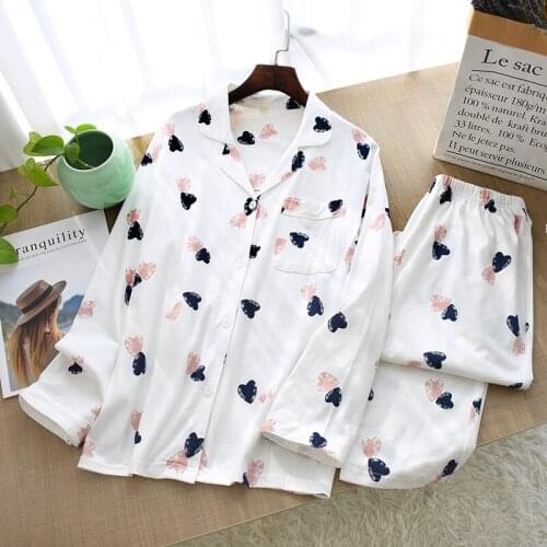 Spring/autumn Love Pattern Women Pajamas Autumn Pure Cotton Long Sleeve Home Clothes Korean Fresh Large Size Ladies Nightie Set