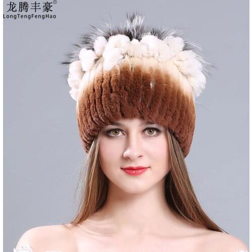 WomenS Hat Rabbit Rex Fur Cap Knitted Hats Beanies Female Casual Thick Hats Women Caps Warm For Winter Caps Russian Ushanka Hat