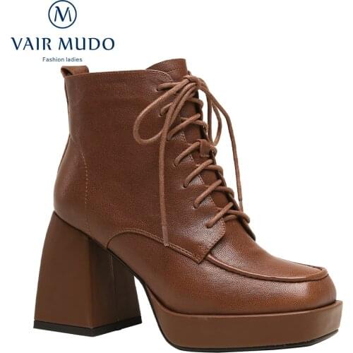 VAIR MUDO Women Ankle Boots Shoes Elegant Thick Bottom Black White Brown Shoes Female Lace Up Autumn Winter Boots ShoesWM-X129-C