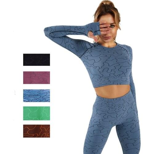 Women Yoga Fitness Suits Long Sleeve Top Seamless Leggings 2 Piece Outfit Set Breathable Sportswear