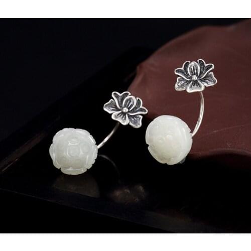 Silver S925 Pure Silver Lotus Natural Natural Field Jade White Jade Lotus Lotus Ladys Ear Earrings