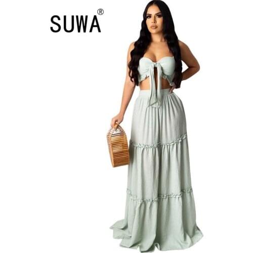 Wholesale women two piece skirt set vest crop top + high waist long pleated skirts elegance evening party boho outfits