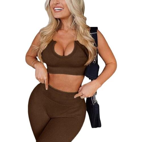 Women Ribbed Sport Clothing Set Solid Color Sleeveless Low-cut Cropped Tops+High Waist Short Pants 2021 New Style