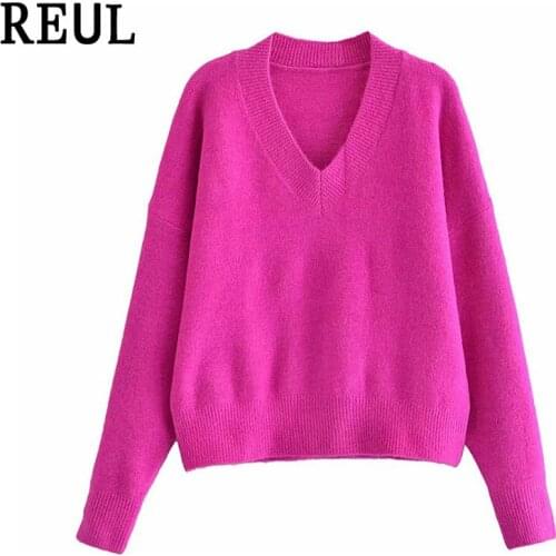 REUL Za Women 2021 Fashion Purple Knit Soft Touch Loose Sweater Vintage V-Neck Short Sleeve Female Pulllovers Chic Tops