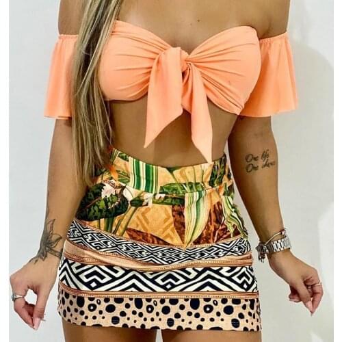 2021 Ladies Bikini Summer Swimsuit Women High Quality Sexy Off Shoulder Tie Front Skirt 2-piece Set Swimwear Boho Style Bowknot