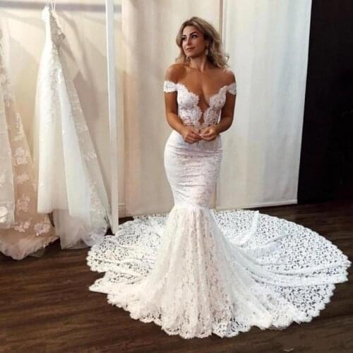 Sexy V-Neck Off The Shoulder Full Lace Mermaid Wedding Dresses Vintage Open Back Sweep Train Plus Size Bridal Gown