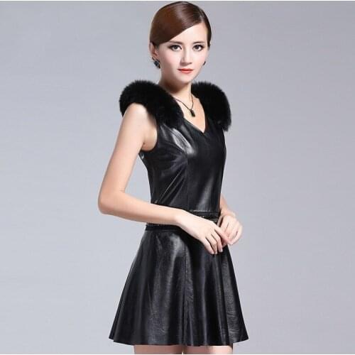 Spring New Women Sexy V Neck Pleated Dress Slim Fit Mini Length Ladies Real Fox Fur Party Dress Sheepskin Genuine Leather Dress
