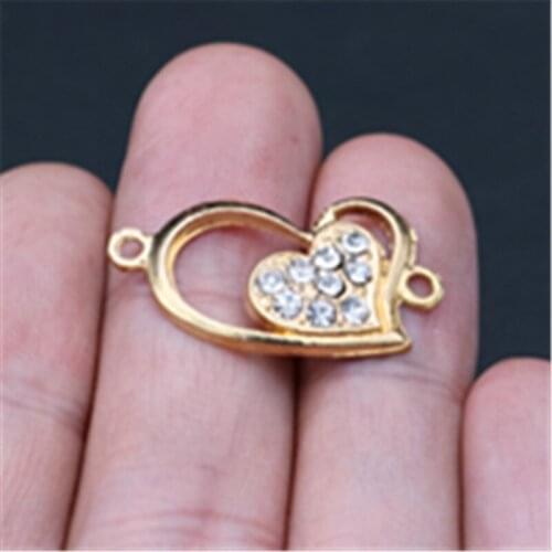 10pcs Antique Gold Handmade Rhinestone Charm Double Heart Alloy Connector Fit Bracelet Necklace DIY Jewelry Charm makings A682