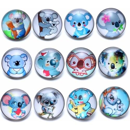 12pcs/lot Koala bear Theme Glass Charms 18mm Snap Button Jewelry For 18mm Snaps Bracelet Snap Jewelry KZ0675