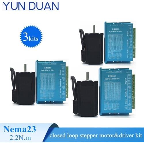 3 axis Nema 23 stepper motor CNC kit D=8mm,2.2N.m closed loop stepper motor with driver kit hybrid motor kit for laser printer