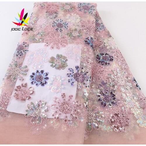 Africa French Lace Fabric Sequins Sequence Pink Latest Design Style Gold Color Nigerian High Quality Best Selling New Arrival
