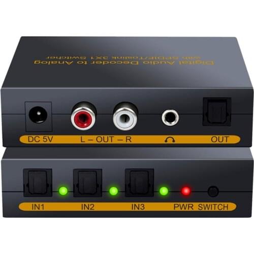 SPDIF Switch 3×1 Digital to Analog Audio Converter 3 Port Toslink Optical to SPDIF AV RCA 3.5mm jack out Optical Switcher