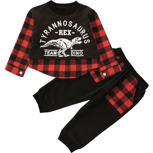 FOCUSNORM 2pcs Autumn Kids Boys Clothes Sets 0-5Y Plaid Dinosaur Printed Long Sleeve Pullover Tops Pants