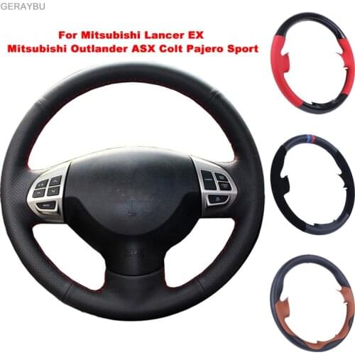 Custom DIY Black Leather Hand-sewn Car Steering Wheel Cover For Mitsubishi Lancer EX 10 Lancer X Outlander ASX Colt Pajero Sport