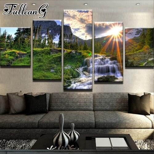 FULLCANG 5 Piece Sunrise Forest Waterfall diamond painting rhinestone full square/round drill mosaic embroidery Landscape FC1935