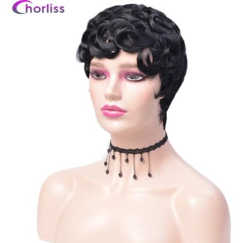 Chorliss Short Wigs for Women Black Short Synthetic Wig Pixie Cut Cosplay Short Curly Hair Drawstring with Combs Inside