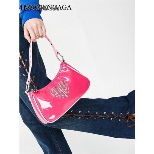 Sweet Girls Cute Kawaii Pink Baguette Bag 90s Vintage Rhinestone Heart Mini Handbag Chic Patent Leather PU Axillary Pouch O008