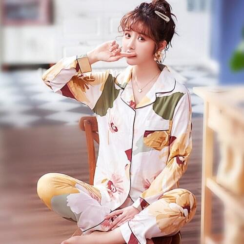 Fashion-Outer Wear Cotton Silk Pajamas Womens Spring and Autumn Online Celebrity-Korean-style Summer Long Sleeve Artificial Cot