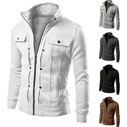 Mens Jacket Zipper Button Coat Spring Autumn Stand Collar Decorated Sweatshirt Motorcycle Windproof Warm Jackets New Pop