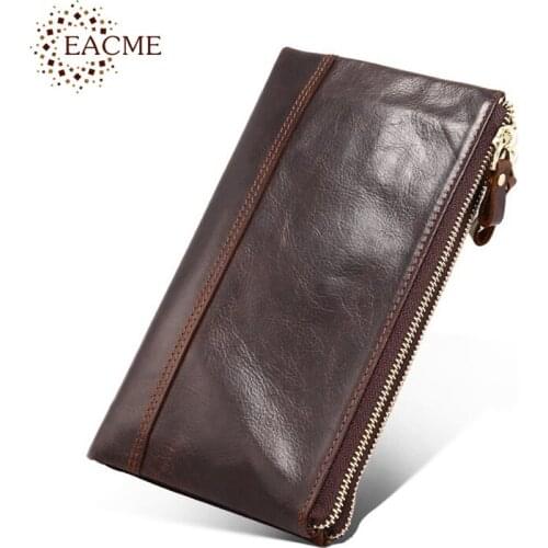 Men Wallets Genuine Leather Wallet Men Wristlet Retro Long Double Zipper Purses Coin Pocket Purse good quality Wholesale
