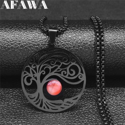 Tree of Life Moon Opal Stainless Steel Witchcraft Necklaces Men/Women Black Pendant Necklace Jewelry collier homme NXS03